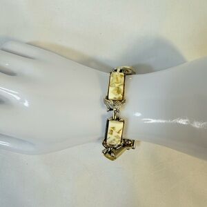 Vintage Coro Lucite Confetti Link Bracelet Cream Rectangles with Gold Flake Foil